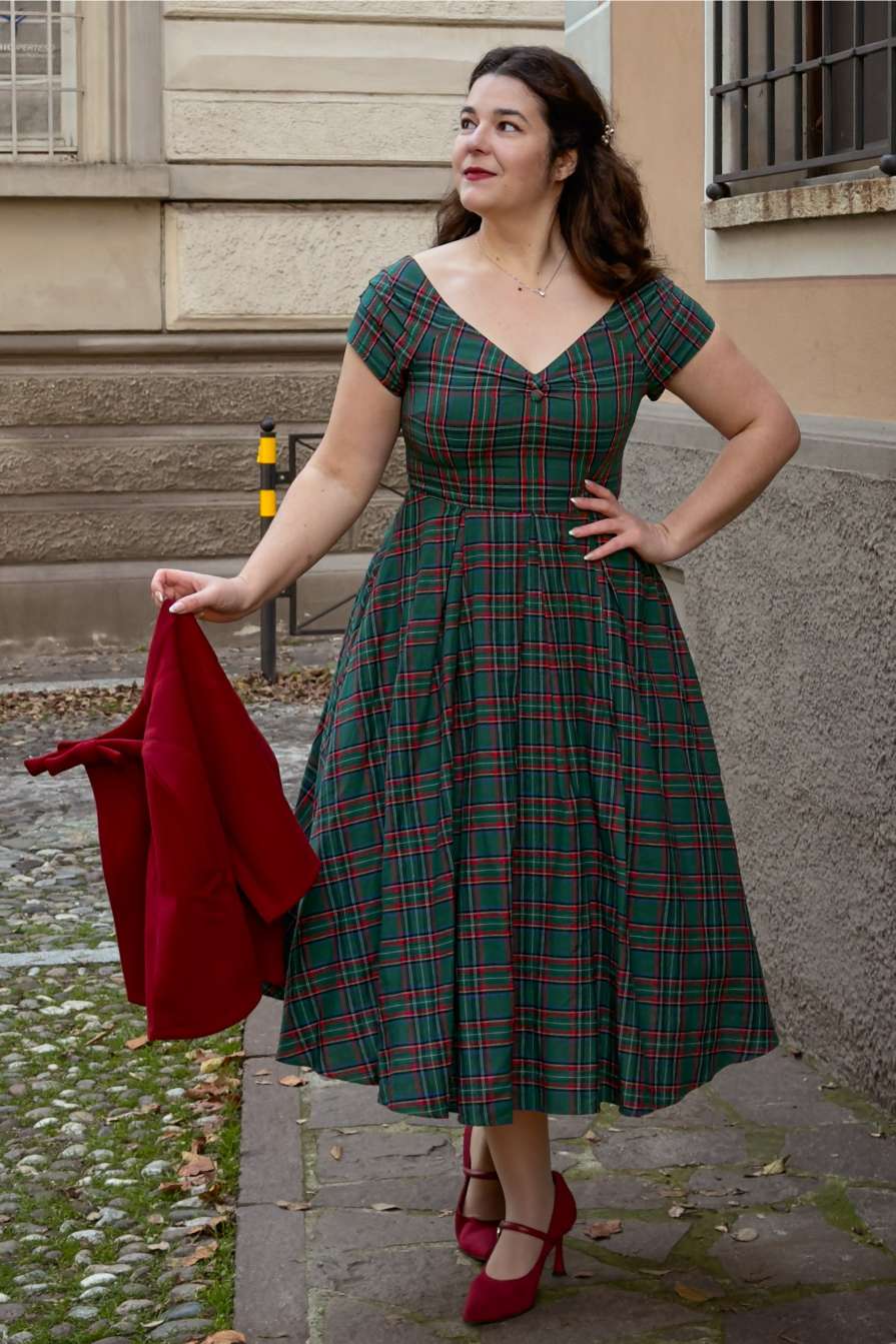 Lily Green Tartan Off Shoulder Swing Dress