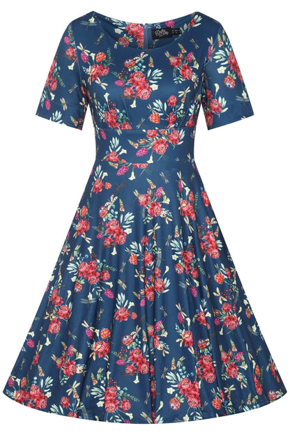 Brenda Floral Dragonfly Blue Dress