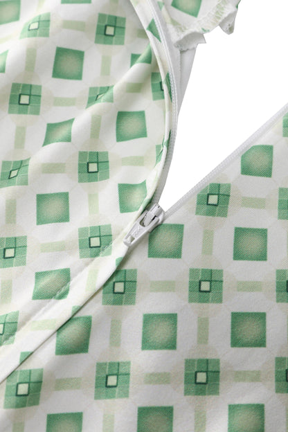 Julia 40s Green Midi Dress In Geometric Diamond Print