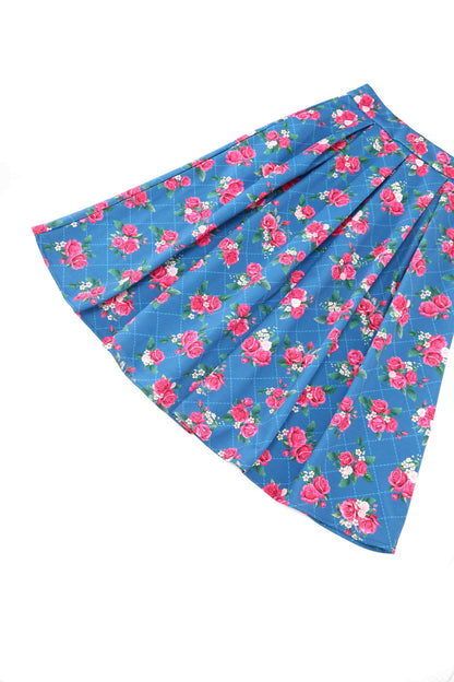 Aisley Blue Rose Pleated Midi Skirt