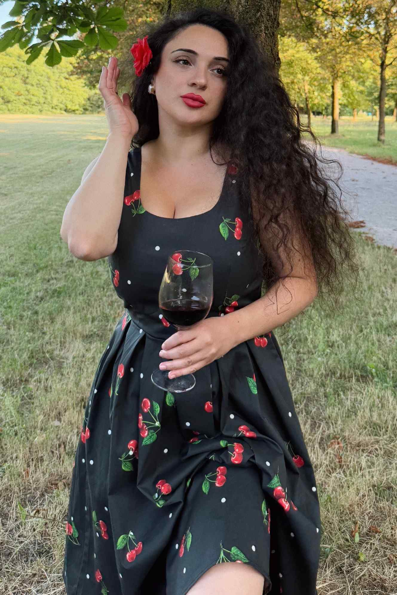 Amanda Black Cherry Retro Flared Dress In Cotton