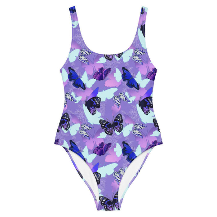 Butterfly kawaii one-piece swimsuit with cobalt morphos and violet wings