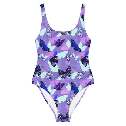 Butterfly kawaii one-piece swimsuit with cobalt morphos and violet wings
