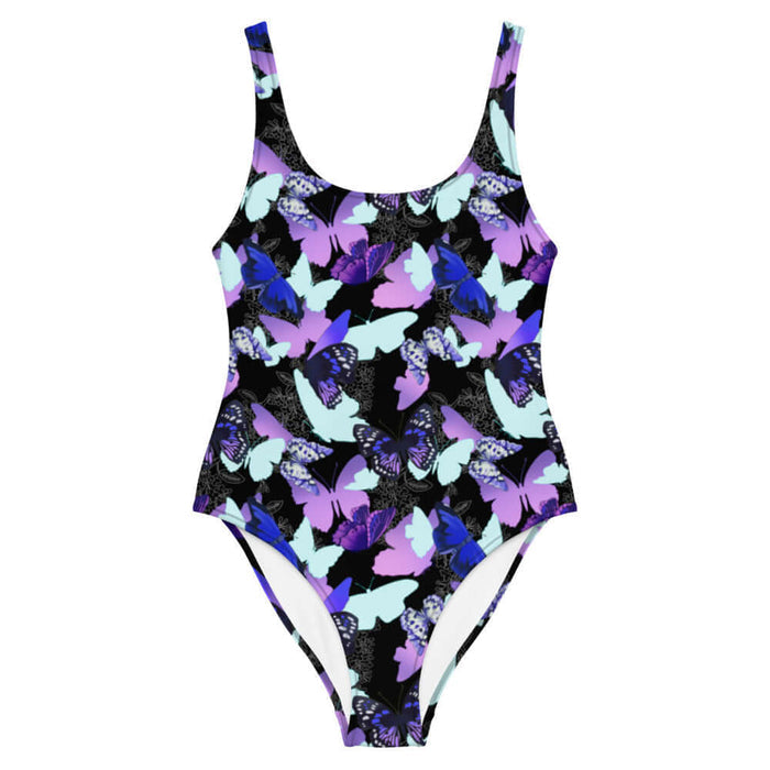 Butterfly kawaii one-piece swimsuit with electric-blue wings and crimson butterflies