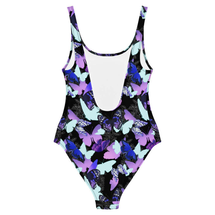 Butterfly kawaii one-piece swimsuit with violet butterflies and floral line-art