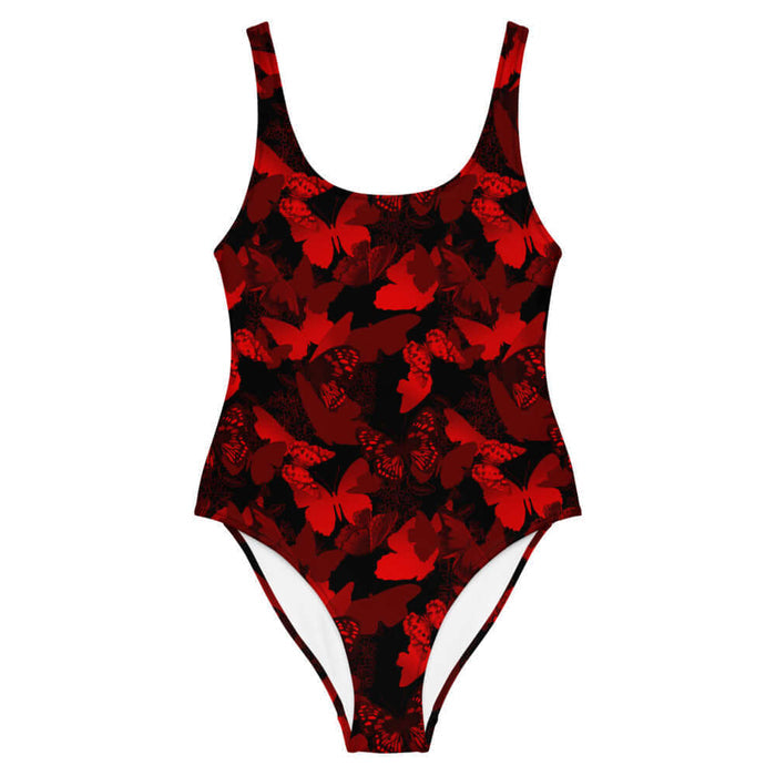 Butterfly kawaii one-piece swimsuit in crimson with layered butterfly silhouettes and cobalt wings
