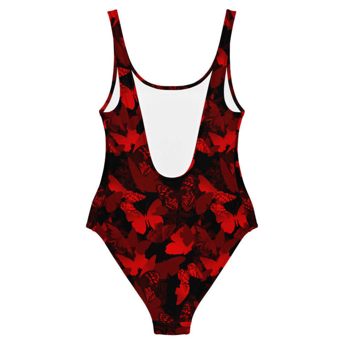 Butterfly kawaii one-piece swimsuit in crimson with scarlet butterflies and white-flecked wings