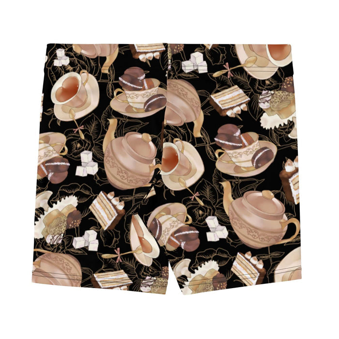 Latte kawaii Café shorts with heart-shaped teacups and chocolate macarons