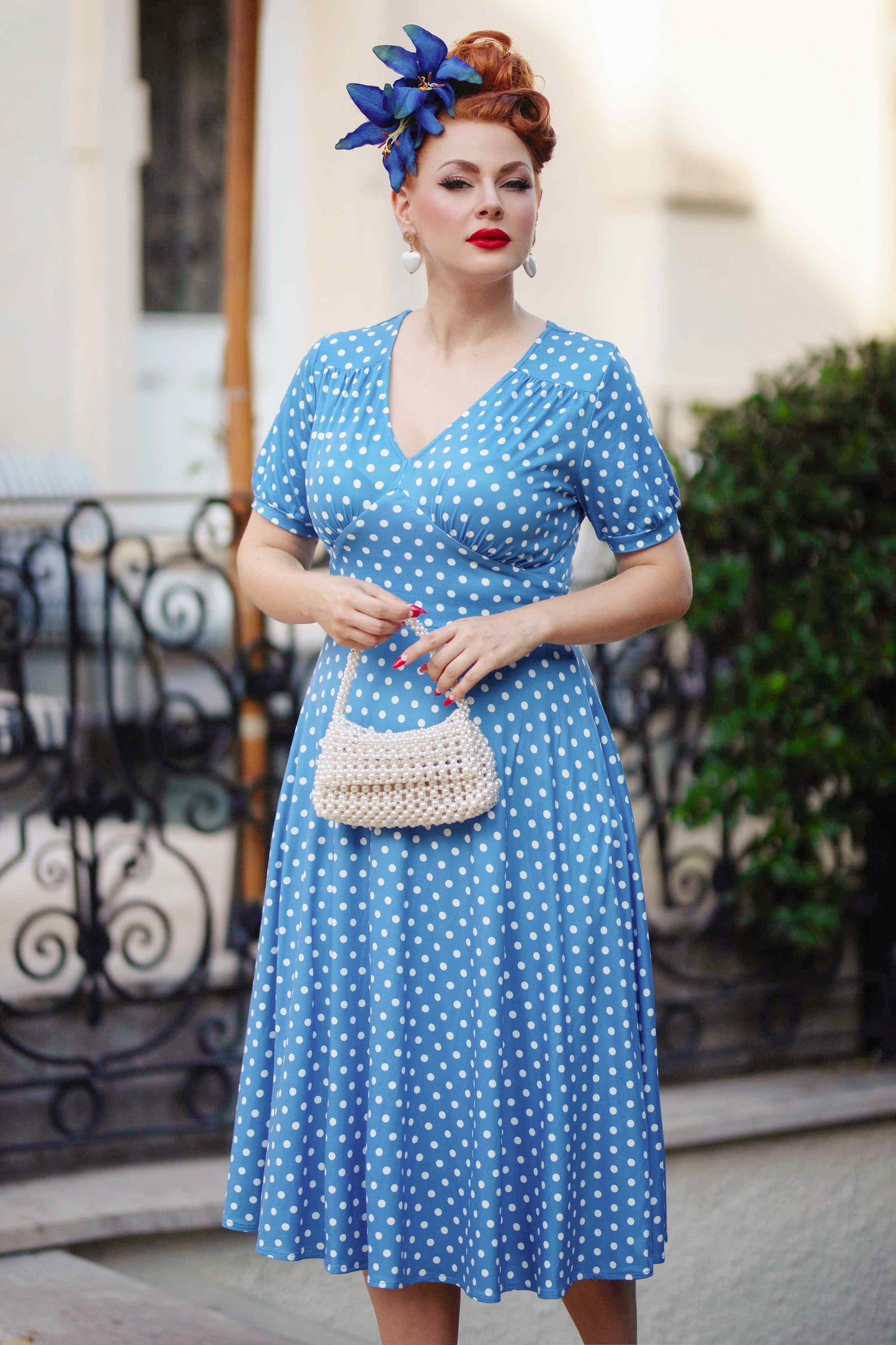 Julia Casual Midi Dress in Blue Polka Dot Print