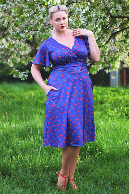 Donna Navy Blue Tea Dress in Cherry Fruit Print