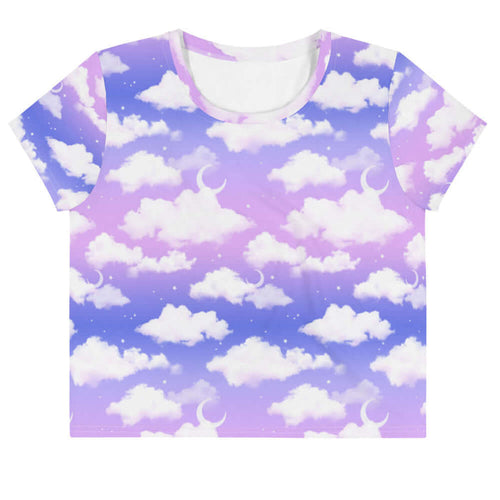 Cloudy Sky kawaii crop top in purple gradient with puffy white clouds and crescent moons