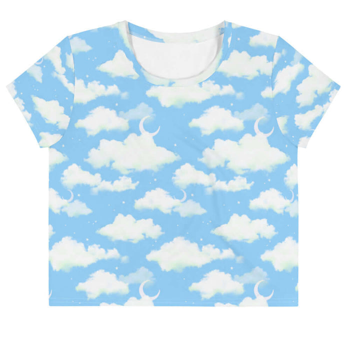 Cloudy Sky kawaii crop top in blue with drifting clouds and tiny stars