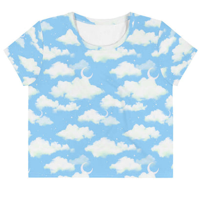 Cloudy Sky kawaii crop top in blue with drifting clouds and tiny stars