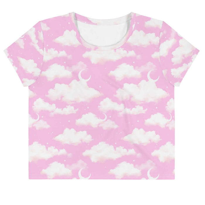 Cloudy Sky kawaii crop top in pink with puffy clouds and sprinkled stars