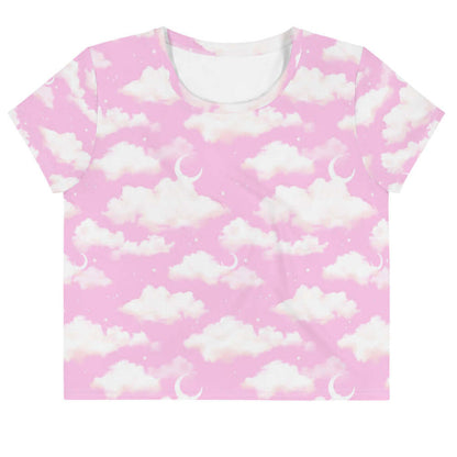 Cloudy Sky kawaii crop top in pink with puffy clouds and sprinkled stars
