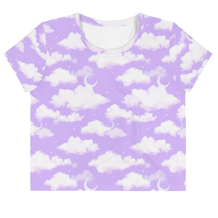 Cloudy Sky kawaii crop top in purple gradient with white clouds and tiny stars