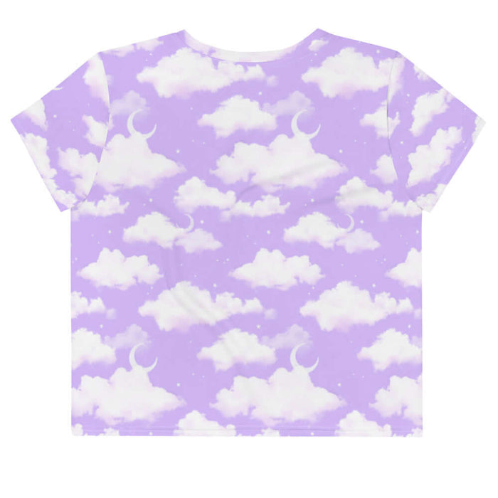 Cloudy Sky kawaii crop top in purple gradient with fluffy cumulus clouds and crescent moons