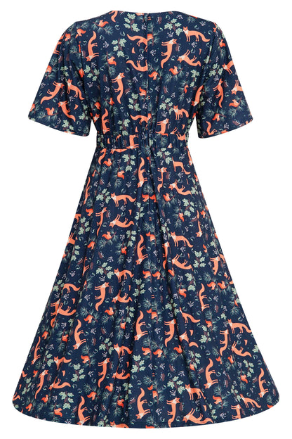Janice Petal Sleeve Tea Dress in Navy Blue Fox Print