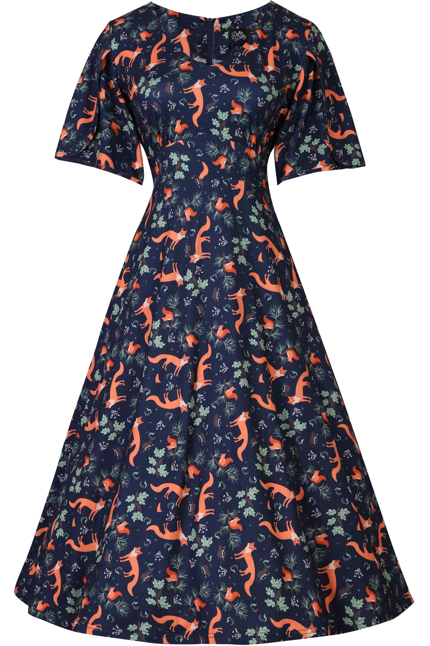 Janice Petal Sleeve Tea Dress in Navy Blue Fox Print