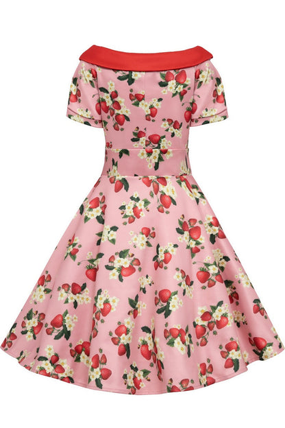 Girls Darlene Flared Dress in Pink Strawberries