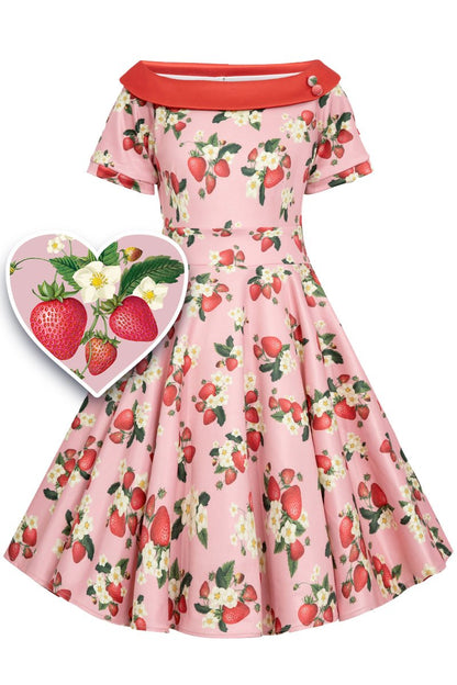 Girls Darlene Flared Dress in Pink Strawberries