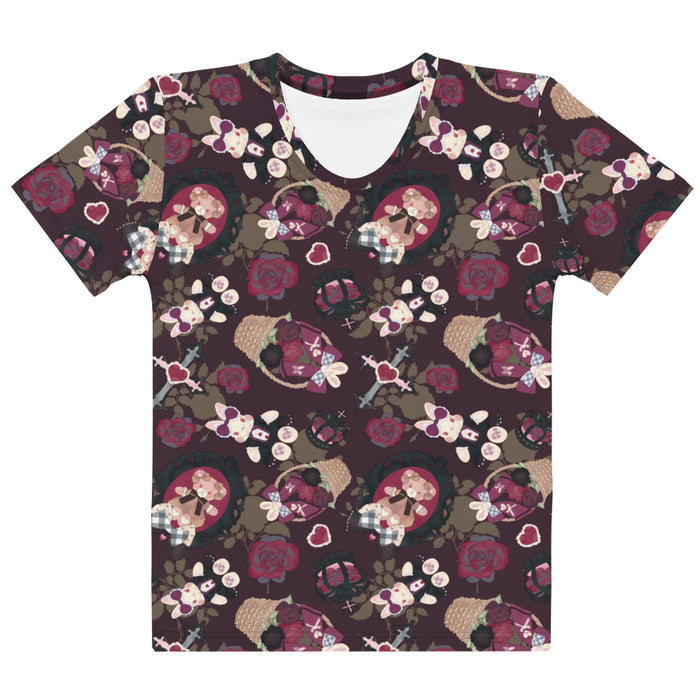 Gothic Teddy tee in mauve and charcoal with ornate crosses and grey-blue roses, alternative style