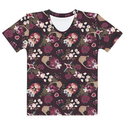 Gothic Teddy tee in mauve and charcoal with ornate crosses and grey-blue roses, alternative style