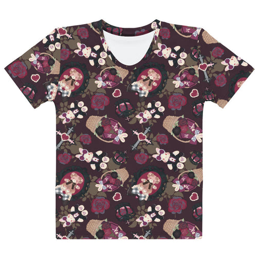 Gothic Teddy tee in mauve and charcoal with ornate crosses and grey-blue roses, alternative style