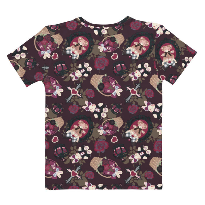 Gothic Teddy tee in mauve and charcoal with cameo teddies and crimson roses, pastel goth fit
