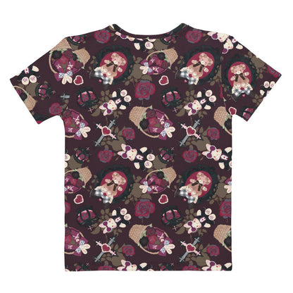 Gothic Teddy tee in mauve and charcoal with cameo teddies and crimson roses, pastel goth fit