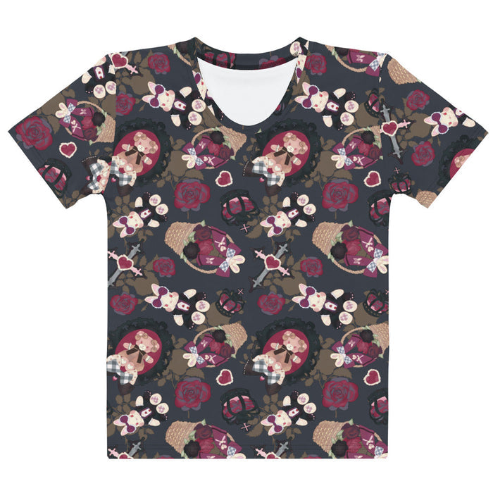 Gothic Teddy tee in mauve and charcoal with winged bunnies and black crowns, kawaii goth style