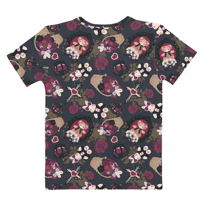 Gothic Teddy tee in mauve and charcoal with dark roses and ornate crosses, goth activewear