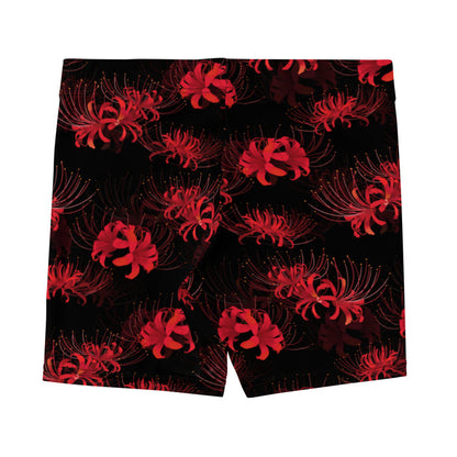 Higanbana gothic shorts in red with red spider lily blooms on black