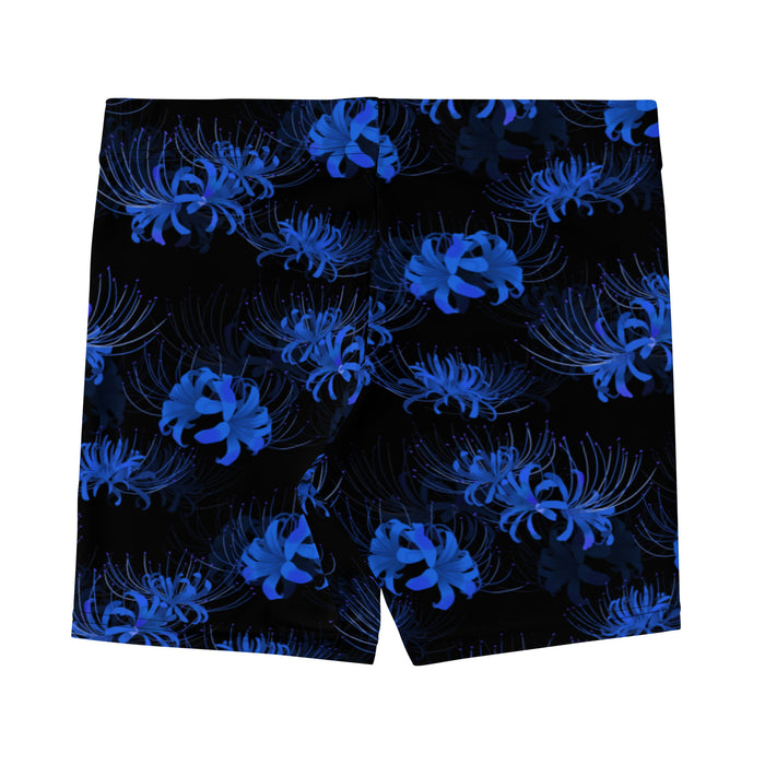 Higanbana gothic shorts in blue with blue spider lily blooms on black