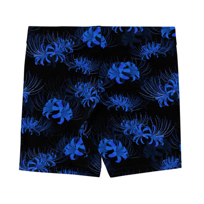 Higanbana gothic shorts in blue with blue spider lily blooms on black