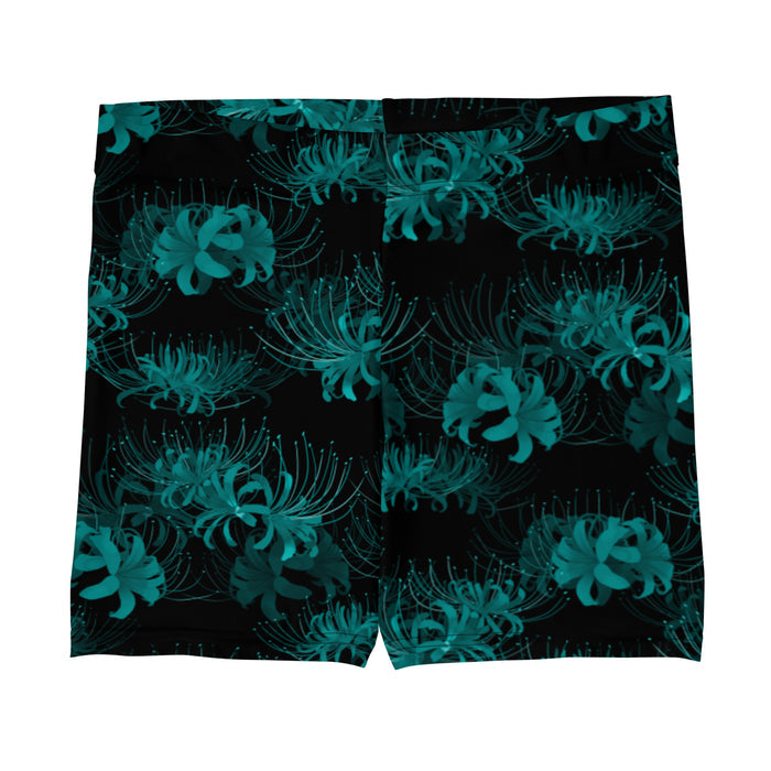 Higanbana gothic shorts in black with red, blue and teal spider lilies