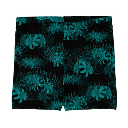 Higanbana gothic shorts in black with red, blue and teal spider lilies