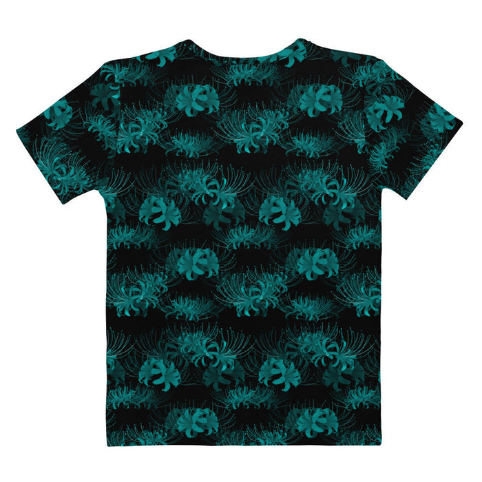 Higanbana gothic tee in black with red, blue and teal spider lily blooms