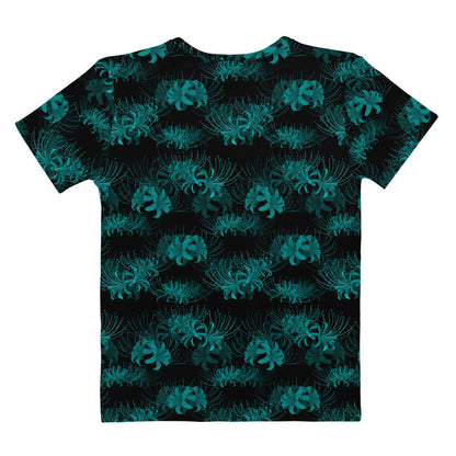 Higanbana gothic tee in black with red, blue and teal spider lily blooms