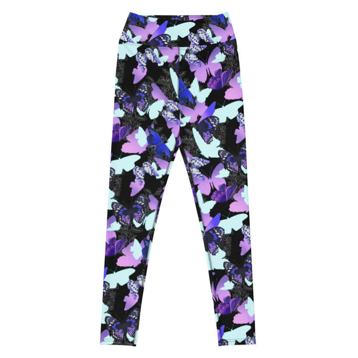 Butterfly kawaii high-waisted leggings with electric-blue wings and crimson butterflies