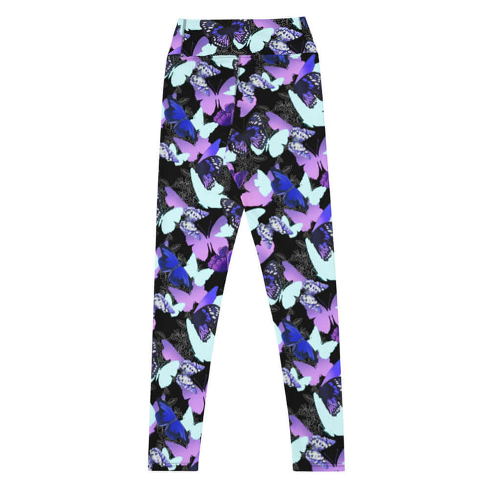Butterfly kawaii high-waisted leggings with violet butterflies and floral line-art