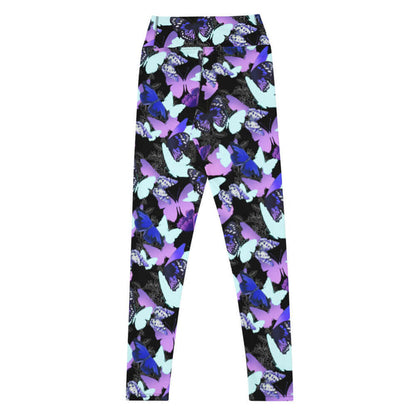 Butterfly kawaii high-waisted leggings with violet butterflies and floral line-art