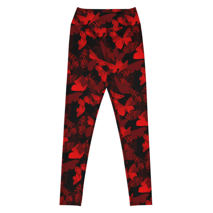 Butterfly kawaii high-waisted leggings in crimson with layered butterfly silhouettes and cobalt wings