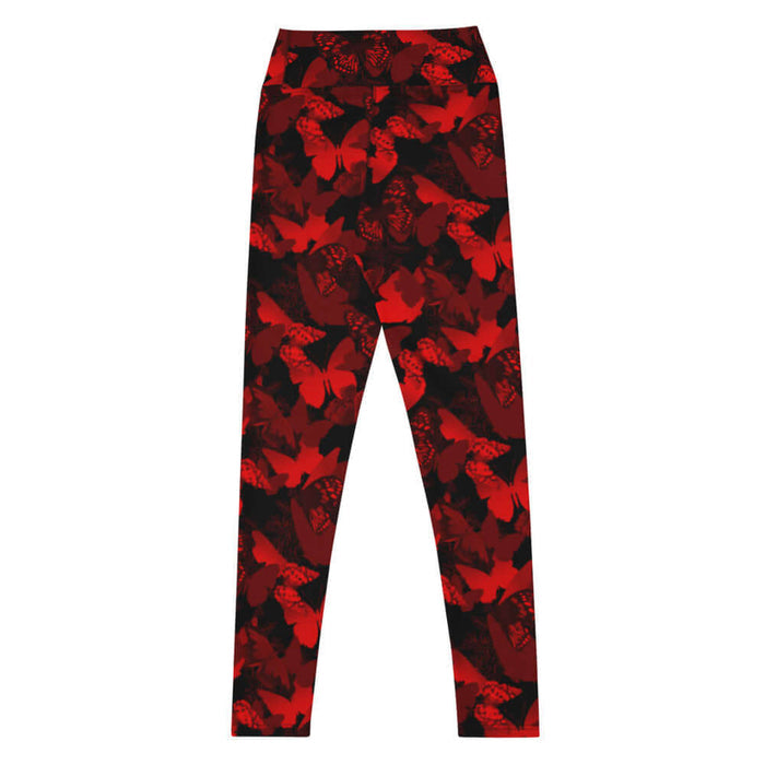 Butterfly kawaii high-waisted leggings in crimson with scarlet butterflies and white-flecked wings
