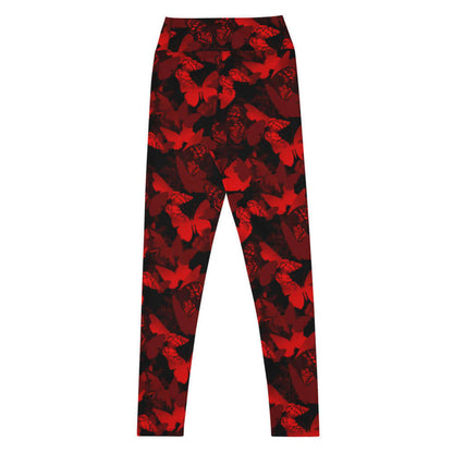 Butterfly kawaii high-waisted leggings in crimson with scarlet butterflies and white-flecked wings
