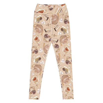 Latte kawaii High-waisted Café leggings with heart-shaped teacups and ornate teapots