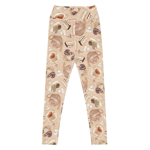 Latte kawaii High-waisted Café leggings with heart-shaped teacups and ornate teapots
