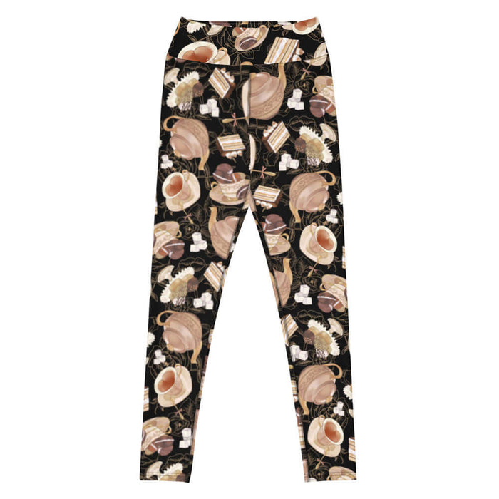 Black kawaii High-waisted Café leggings with heart-shaped teacups and tiramisu cake