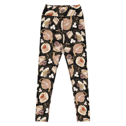 Black kawaii High-waisted Café leggings with heart-shaped teacups and tiramisu cake