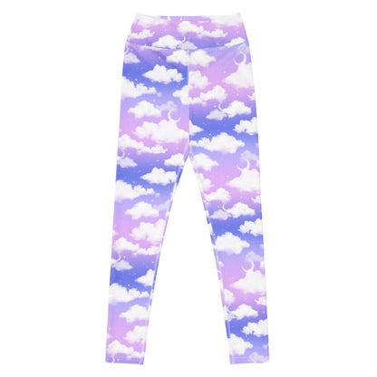 Cloudy Sky kawaii high-waisted leggings with puffy white clouds and crescent moons on a pastel sky
